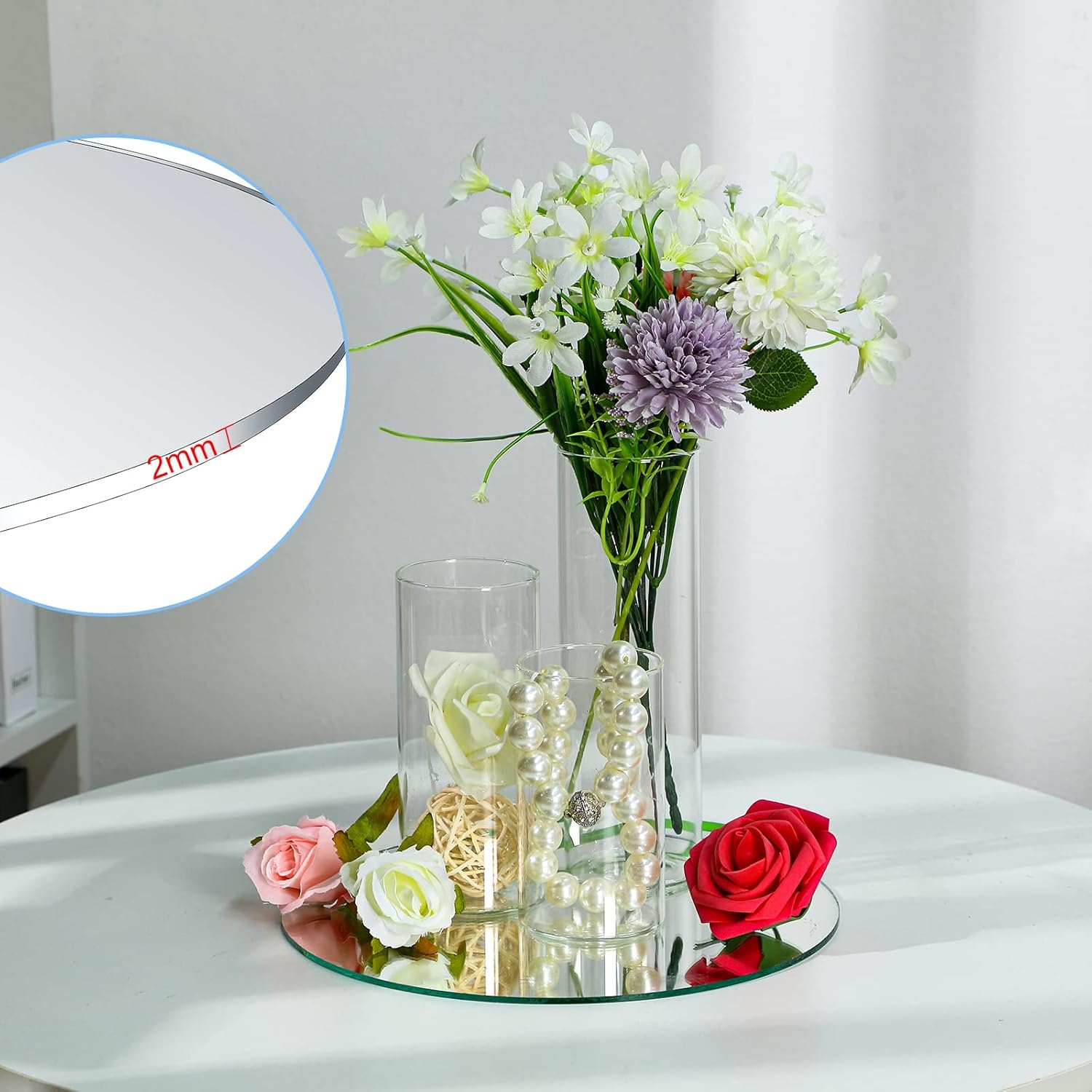 18 Pcs10 Inch Round Glass Mirror Trays and 54 Pcs Different Height Glass Cylinder Vases Wedding Table Flower Vase with Mirror Set Table Centerpiece Decoration for Wedding Decor Craft Baby Shower Party