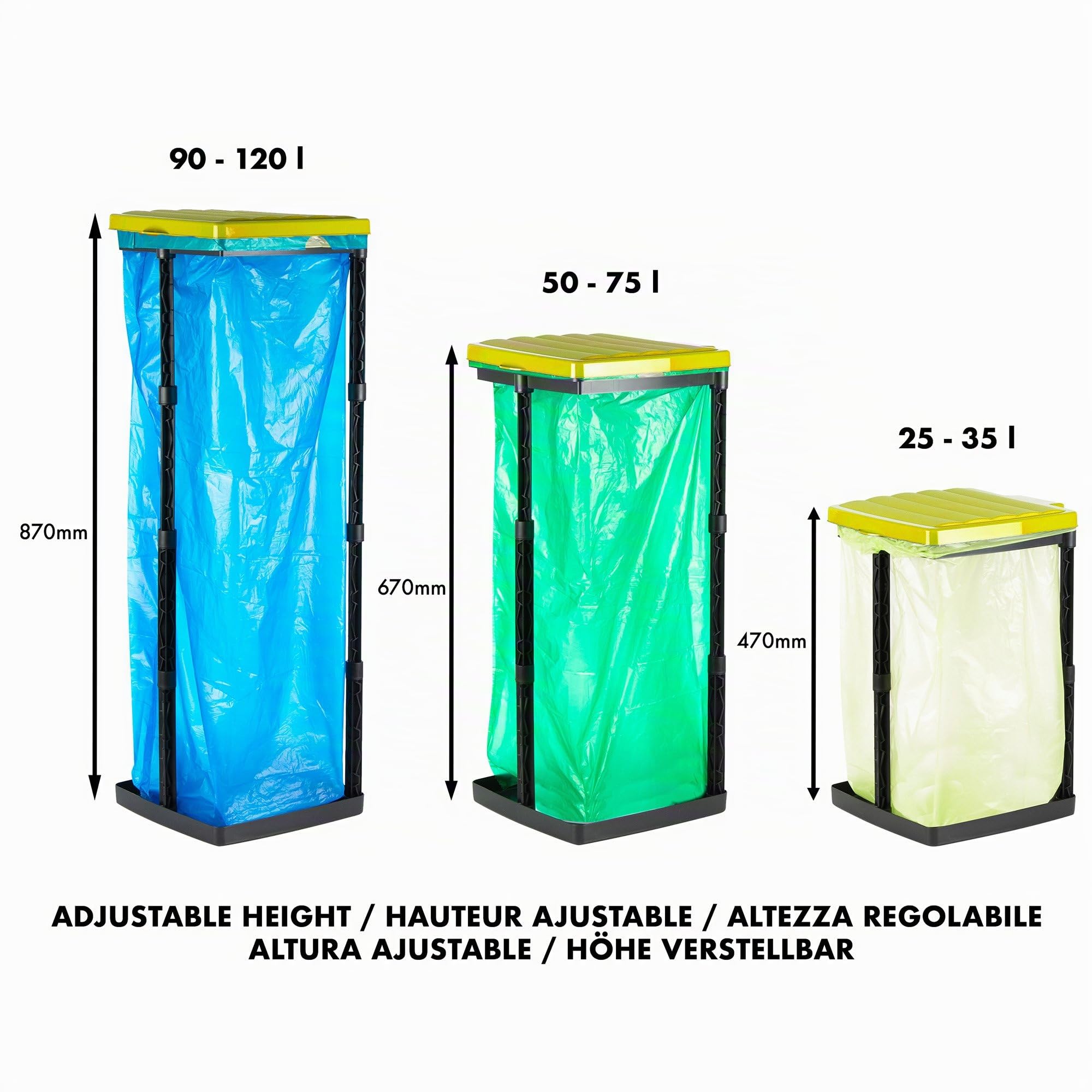 Grizzly porta sacchi spazzatura, 1x portarifiuti cestino per rifiuti con coperchio giallo, sistema a innesto regolabile in altezza con anello di fissaggio, per di diverse dimensioni da 25-120 litri