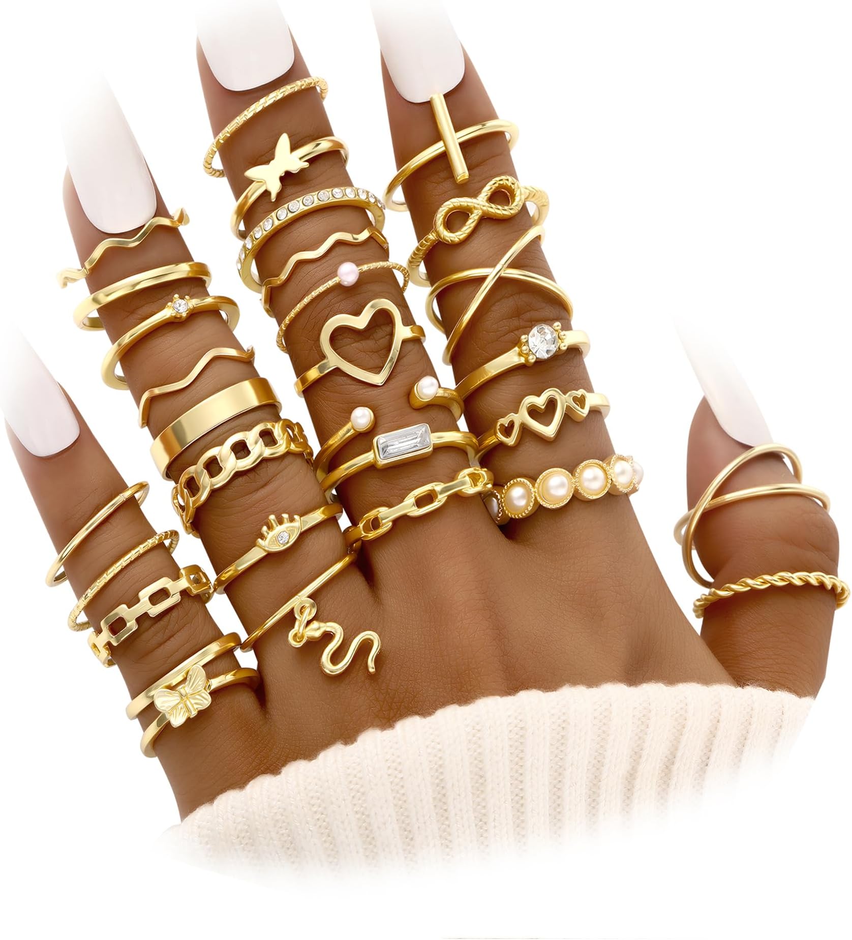 FAXHION 24-60 Pcs Gold Stackable Rings for Women, Knuckle Rings Chunky Gold Ring Set Dainty Stacking Cute Rings, Multiple Sizes Cute Jewelry Set Gift