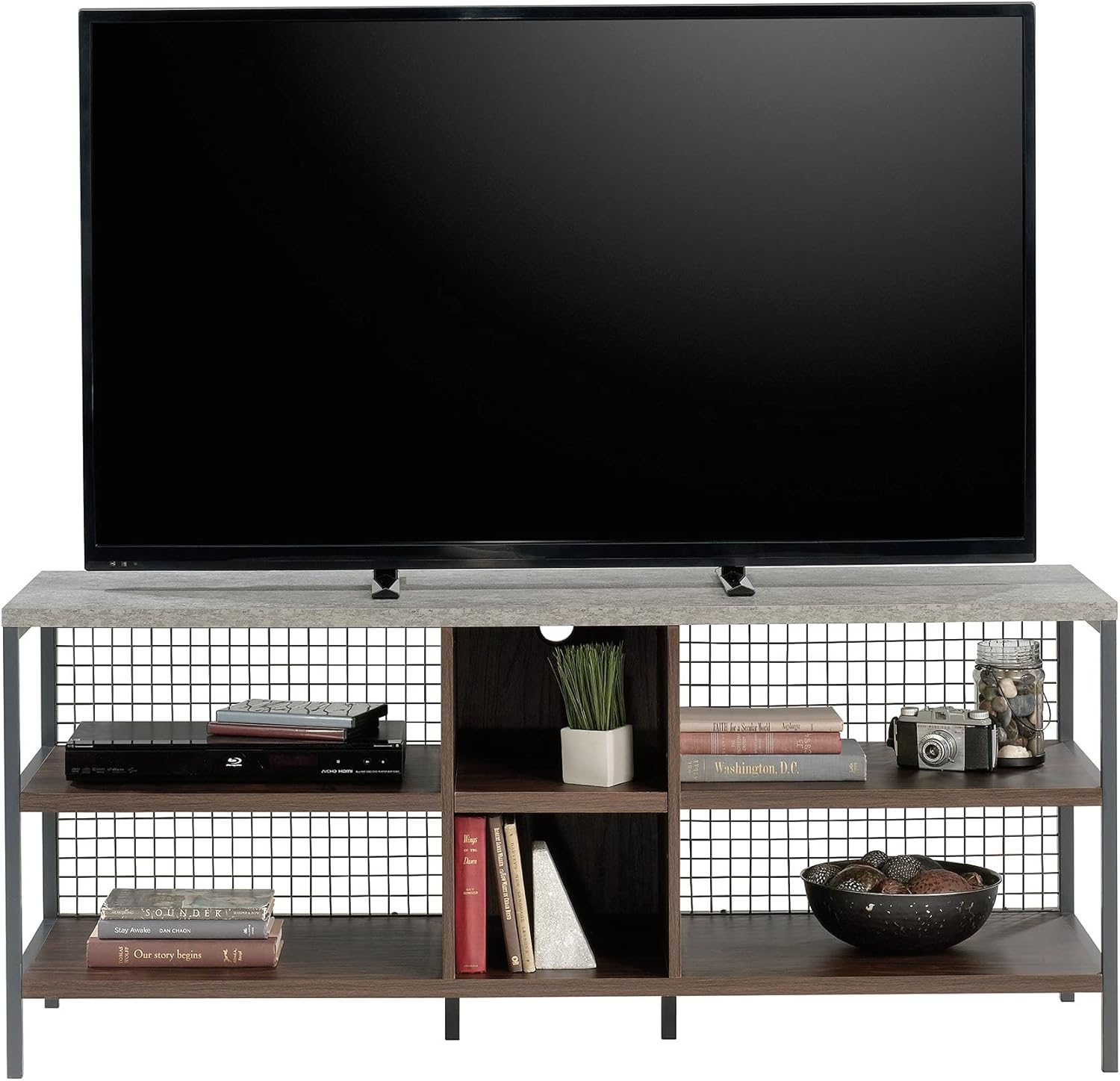 Gray and Walnut Industrial TV Stand with Cabinet for 60" TVs