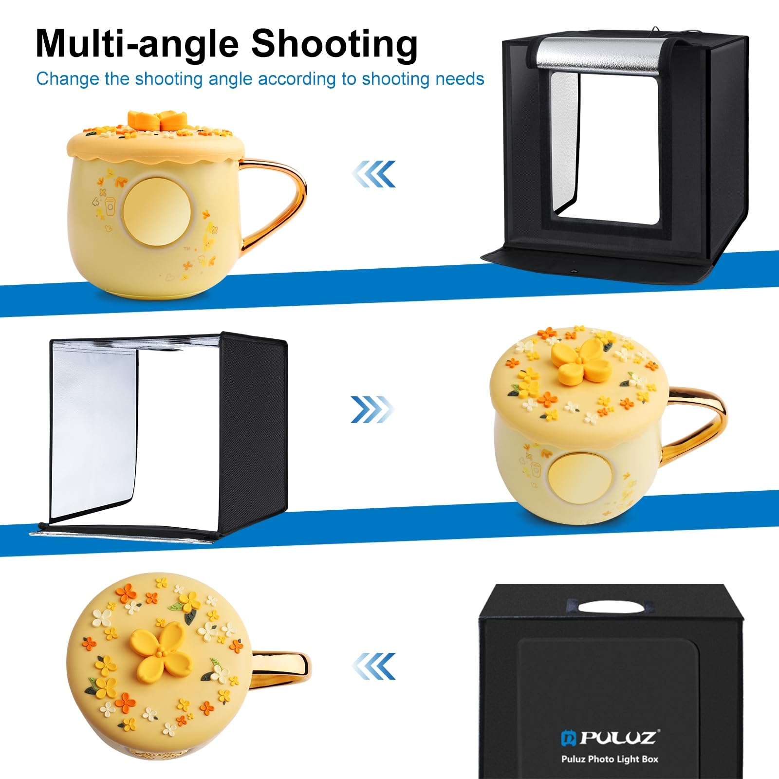 PULUZ Studio Photo Box Portable 40x40cm Boite Photo Kit avec Températures de 3 Couleurs Réglables 160pcs LED 6500K & USB-C &12 Fonds pour Photographie de Produits