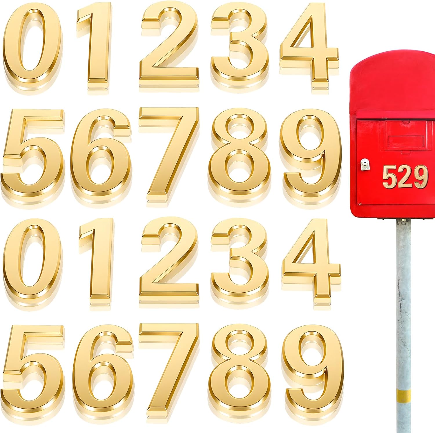 20 Pieces Gold Mailbox Numbers, 1.4 Inch 3D Self Adhesive House Numbers for Outside, 0-9 Gold Door Room Address Stickers for Apartment Office Hotel Room Wall Decoration