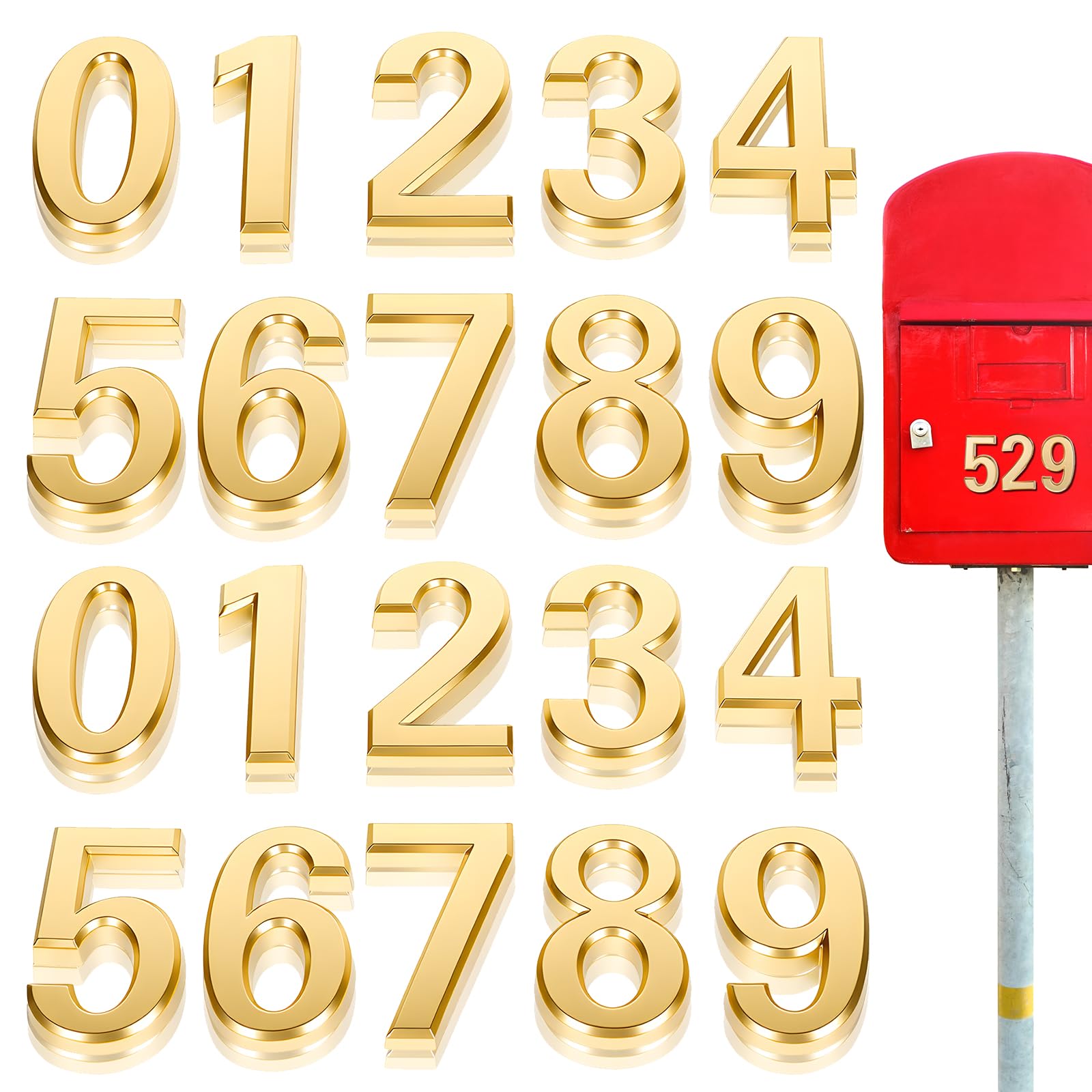 Photo 1 of 20 Pieces Gold Mailbox Numbers, 1.4 Inch 3D Self Adhesive House Numbers for Outside, 0-9 Gold Door Room Address Stickers for Apartment Office Hotel Room Wall Decoration