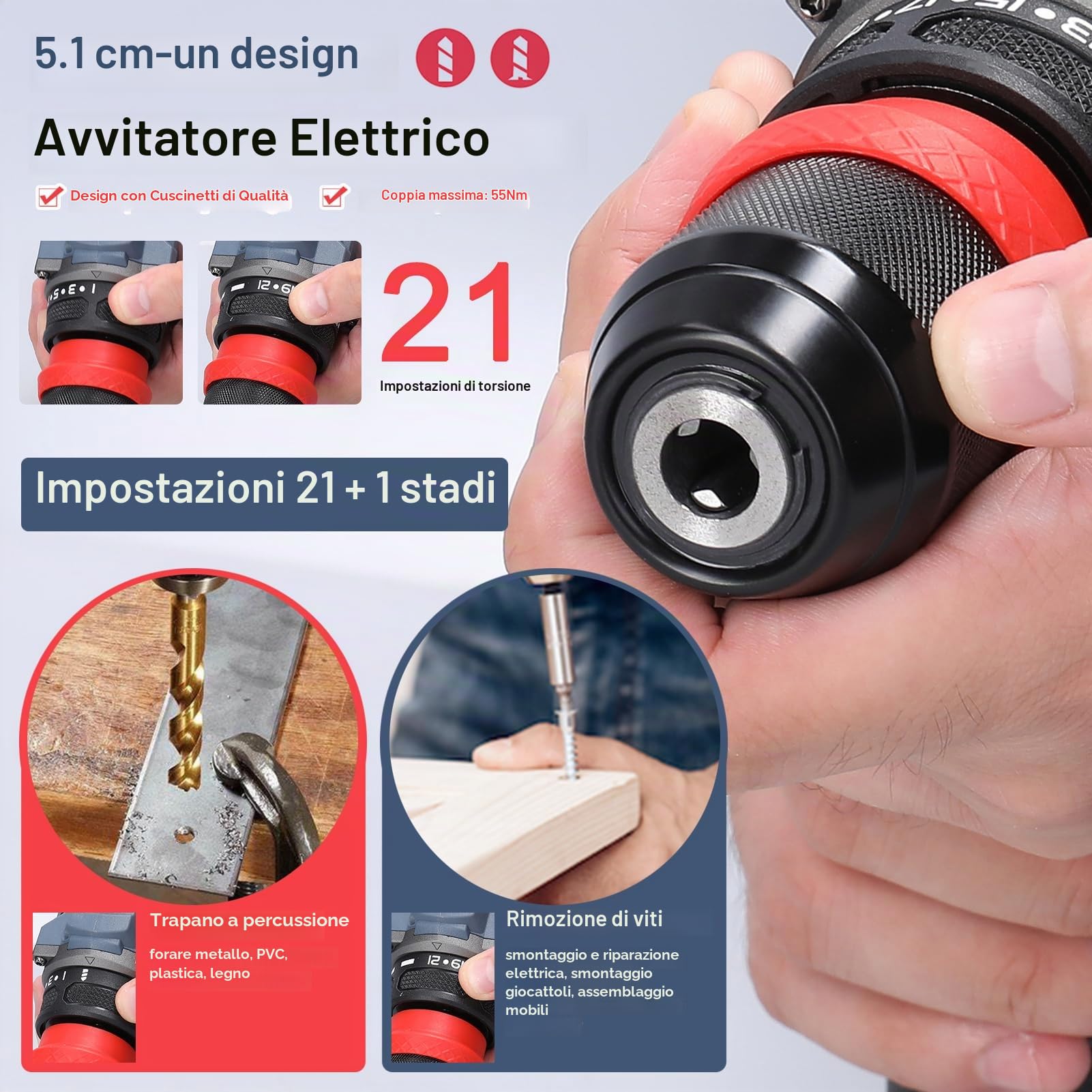 Weytoll Trapano Avvitatore Batteria 21V 2in1 Motore brushless con coppia di 55 Nm per elettrodomestici Installazione di mobili Riparazione di componenti elettronici automobilistici
