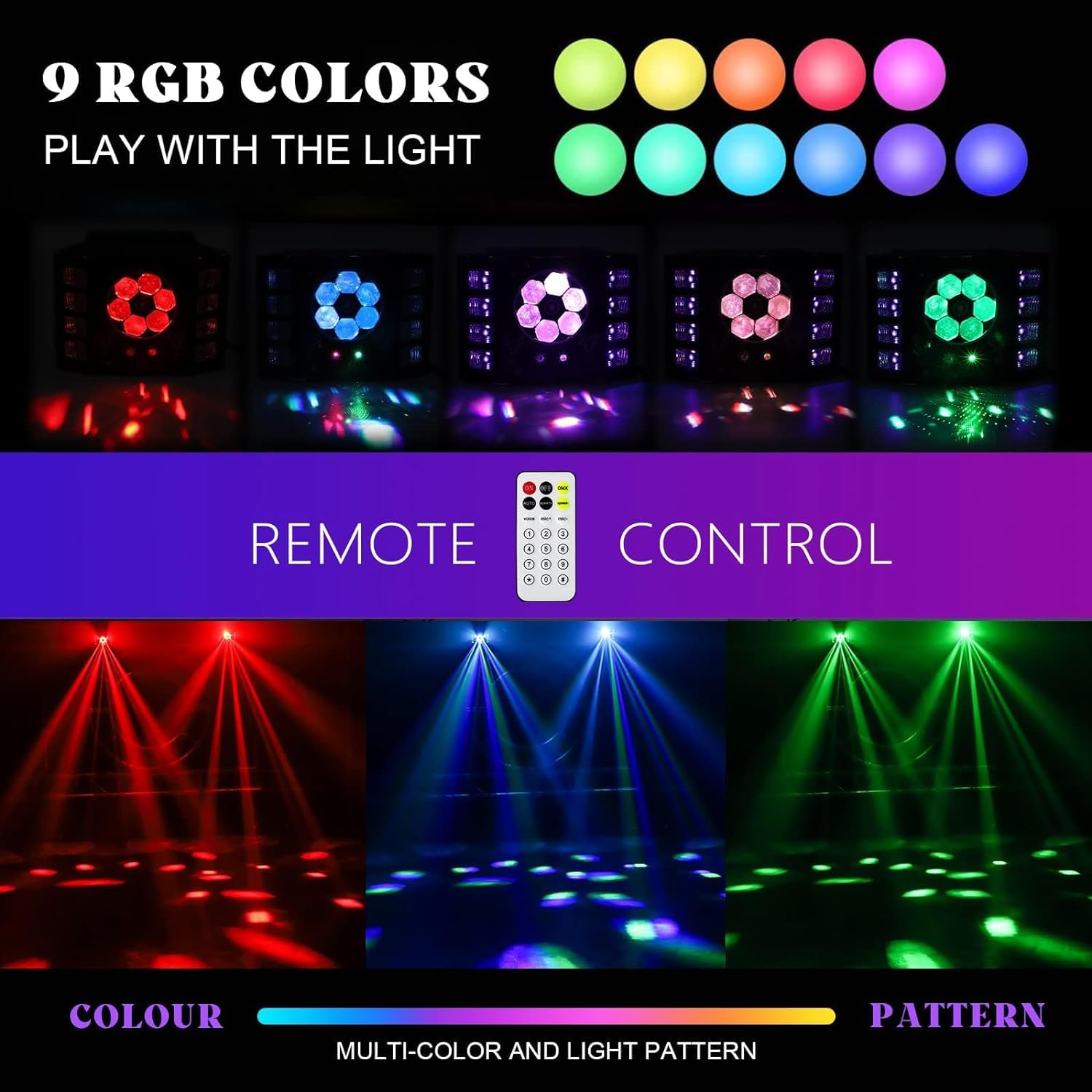 Jeu de Lumiere, lumière disco 100W, lumière de fête, œil d'abeille, lumière flash UV, 14 canaux DMX avec commande vocale, télécommande, convient pour mariage, fête d'anniversaire, Halloween