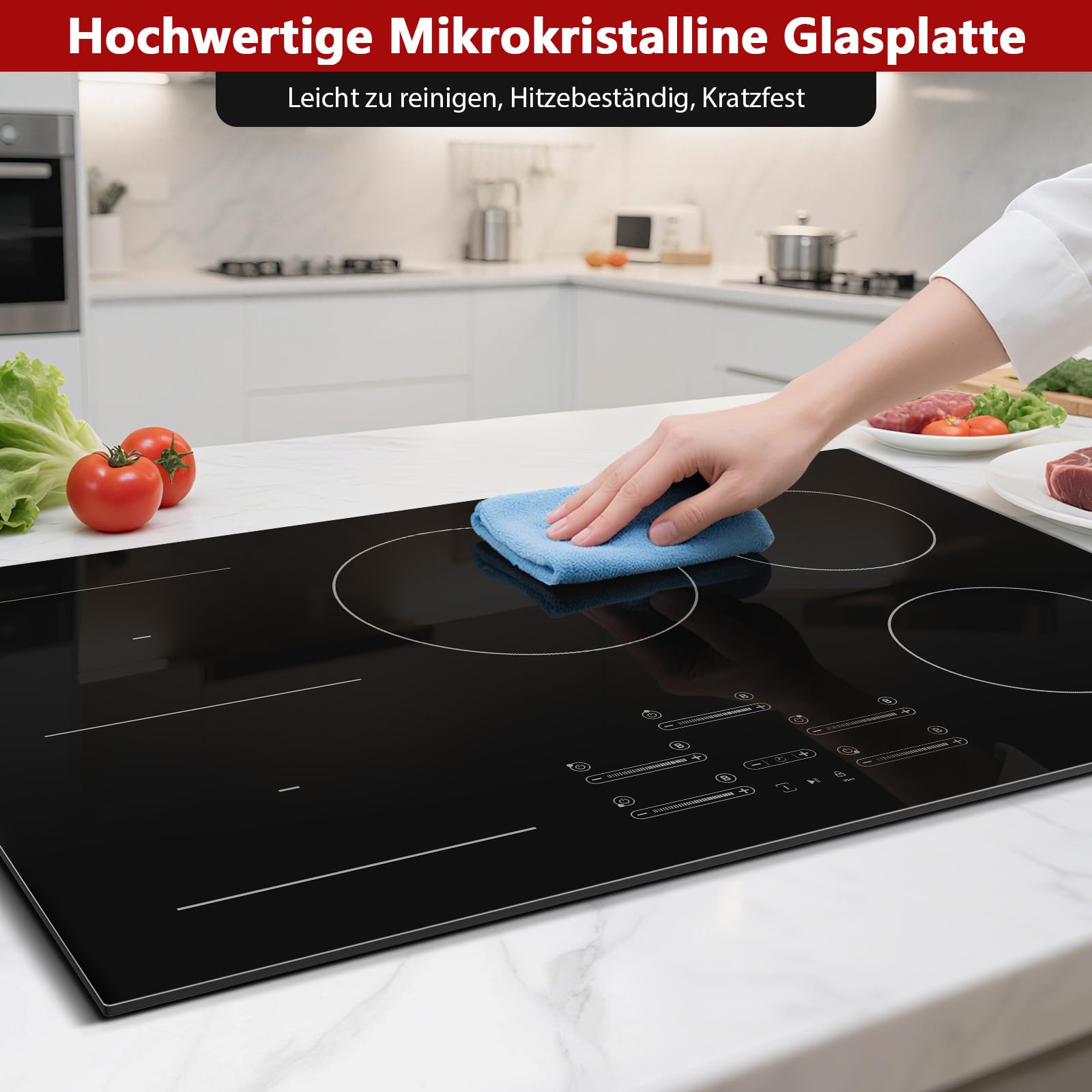 Induktionskochfeld 77 cm mit 5 Platten & 1 Flexzone, 9500 W, 9 Leistungsstufen mit Booster-Funktion, Touch-Slider-Bedienung, Timer 1-99 Min, Einbau-Kochfeld