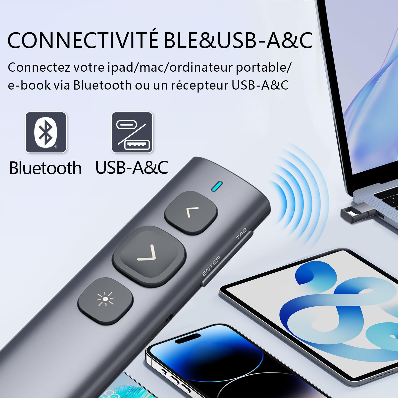Norwii N95 Bluetooth Presentation Clicker récepteur USB-A C, PowerPoint Clicker rechargeable, télécommande de présentation, présentateur sans fil longue portée pour laptop/tablette (Rouge, BLE&USB-AC)
