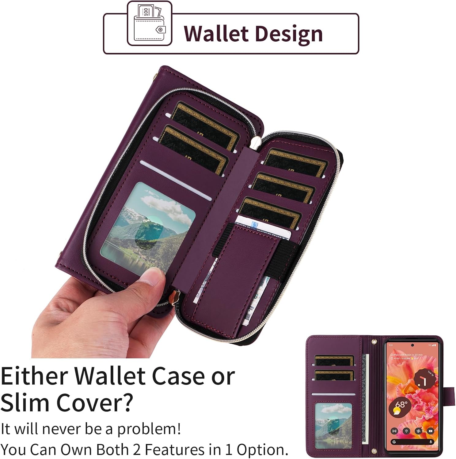 Wallet Case for Google Pixel 6 with Detachable Wrist Strap 9+ Card Slots Zipper Purse Luxury PU Leather Stand Full Body Accessories Cell Phone Cover for Pixel6 Pixle Six Women Girls Deep Purple