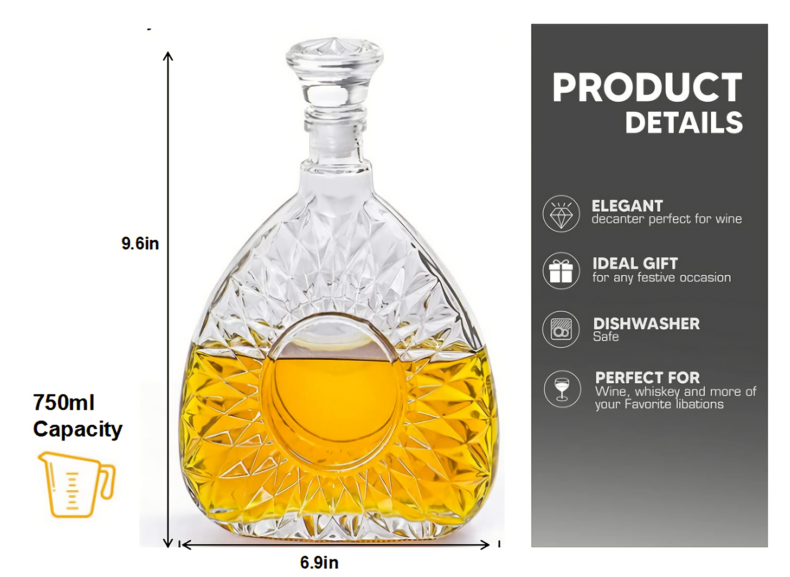 Liquor Decanter, Glass Spirits Decanter with Airtight Stopper, Whiskey Vodka Bourbon Brandy Liquor Juice, Lead-Free Decanter Bottle for Gift, Home, Bar, Party Decor, (Ice Flowers)