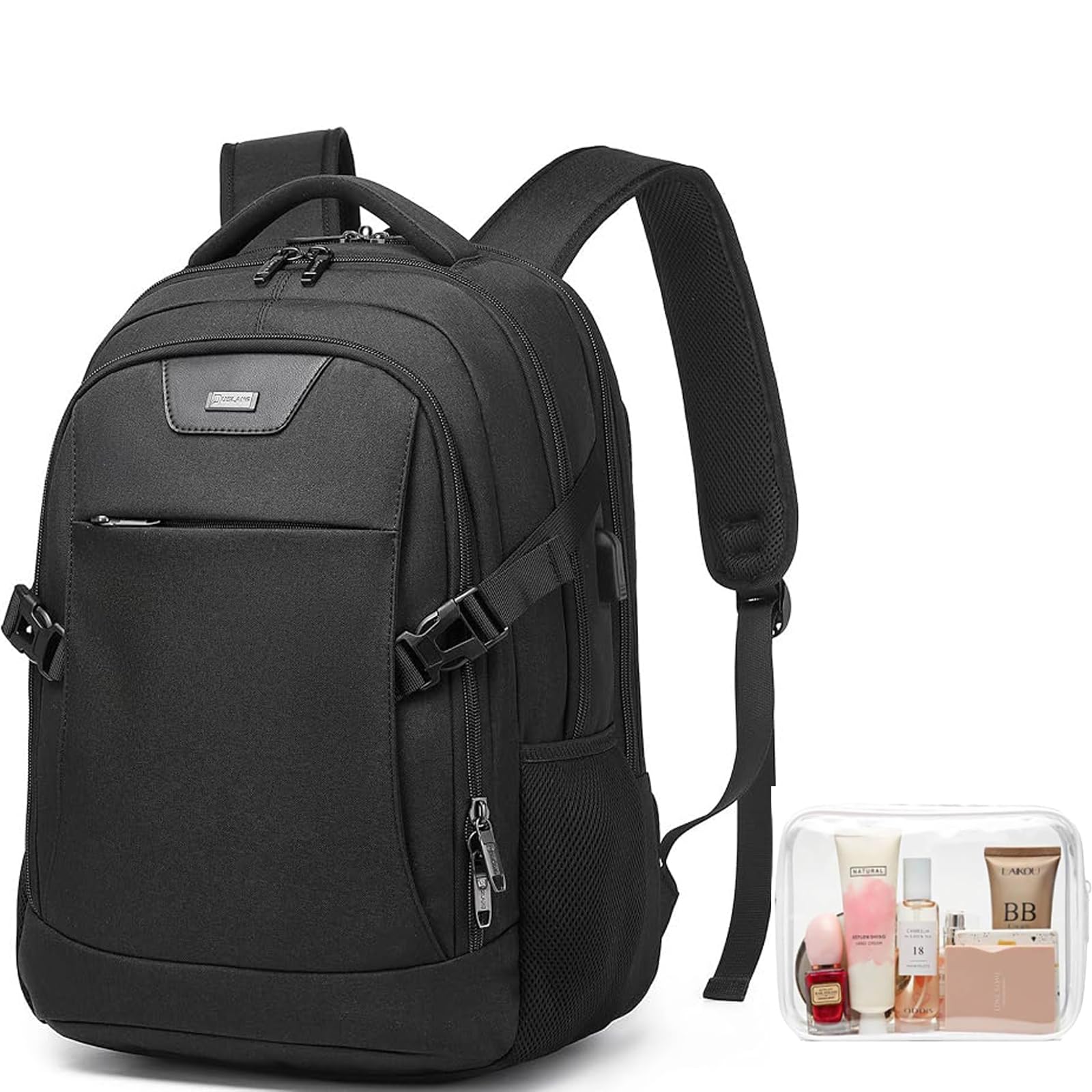 Anti-Theft Laptop Backpack, Black, 15.6-14-13 Inch Laptop Sleeve, USB Charging Port and Clear Cosmetic Toiletry Bag