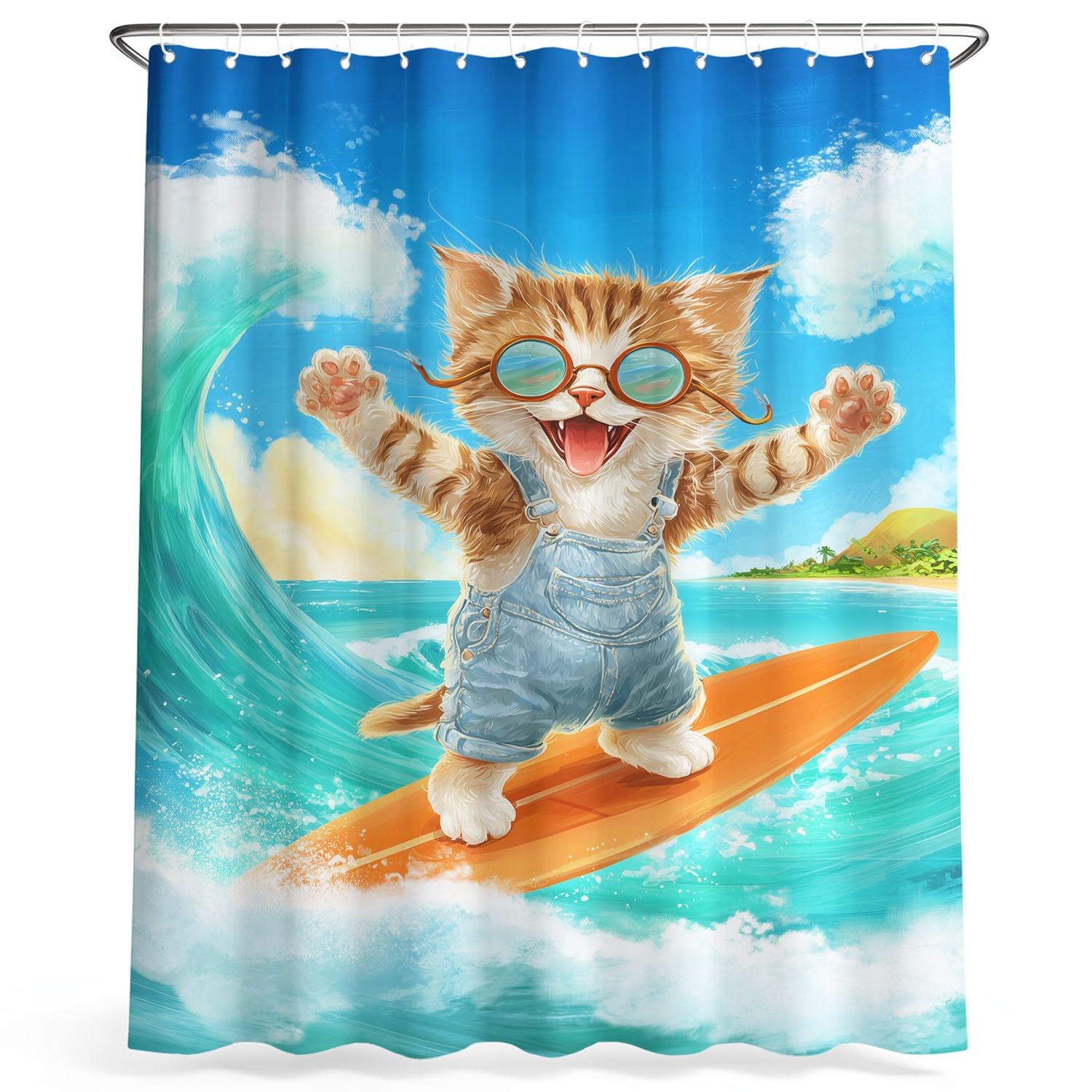 Cortina de ducha de dibujos animados para animales, cortina de ducha, 180 x 200 cm, antimoho, tela lavable divertida, borde de mar, surf, gato, tigre, cortinas, baño con ganchos, azul