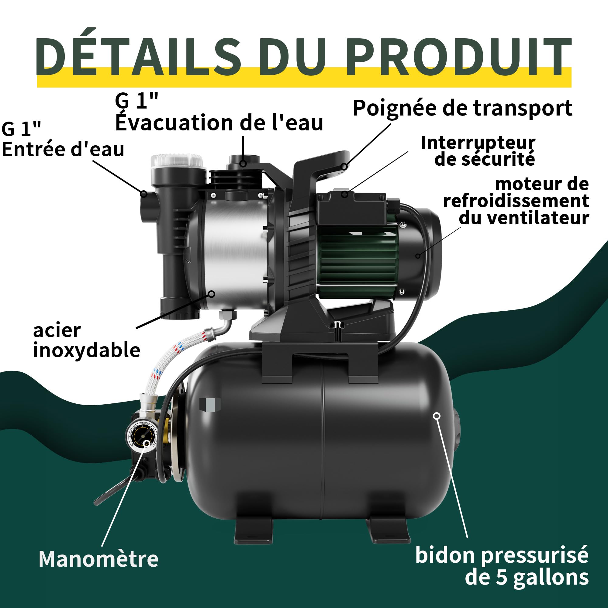 LANCHEZ Groupe Hydrophore 5000 L/H, Moteur 1300 W, Hauteur de Refoulement 50 m, Acier Inoxydable, Pompe de Surpression avec Réservoir 19L et Manomètre, Filtre, Raccord d'Eau et Vidange