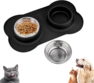 Futternapf Hunde Katzen, Fressnapf Hundenapf Kleine Hunde Napfset, Edelstahl Katzenapf Wassernapf Hund mit Nicht Kleckern, mit 1 Hundenapf Unterlage rutschfest Silikon Tablett Matte(36 x 21 cm) product image