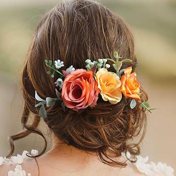 Fangsen Boho Orange Rose Flower Hair Comb for Wedding Bridesmaids