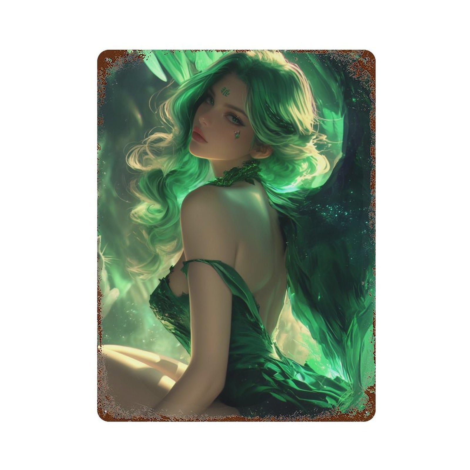 Green Goddess Fantasy Artwork 15.7"x11.8" Weathered Tin Sign, Shabby Chic Decor for Cafe, Home Bar And Lounge Decor