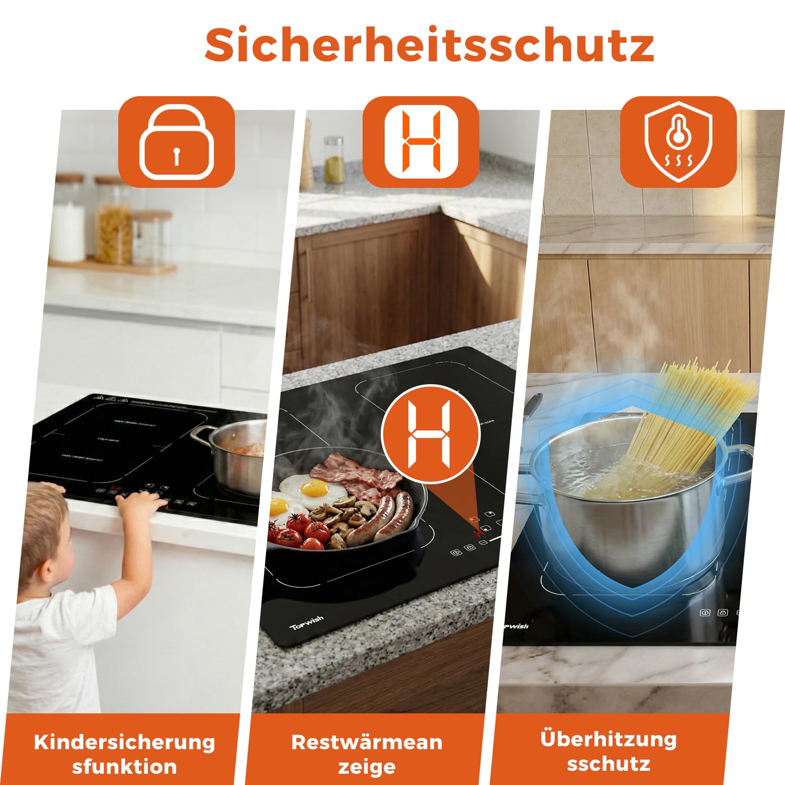Topwish Induktionskochfeld 4 platten mit Flexzonen, Induktionskochfeld 60cm | Herdplatte 4 Kochfelder mit Boost-Funktion, Timer, Kindersicherung, Überhitzungsschutz und Warmhalten, 7200W