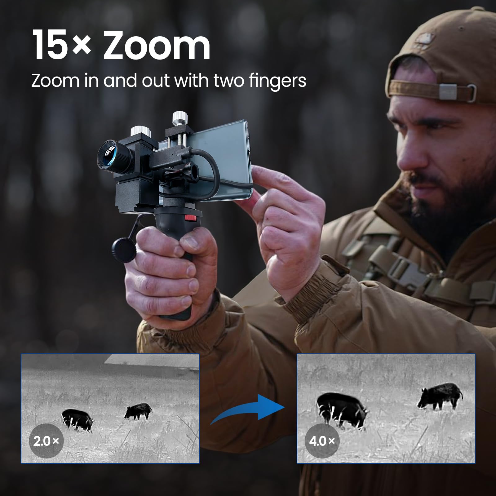 Thermal Master caméra Thermique de Chasse T2 Pro Vision Nocturne monoculaire 1579 Yards de détection caméra Thermique en Plein air 15x Zoom, avec poignée Tactique et Scope Mount, Version Android