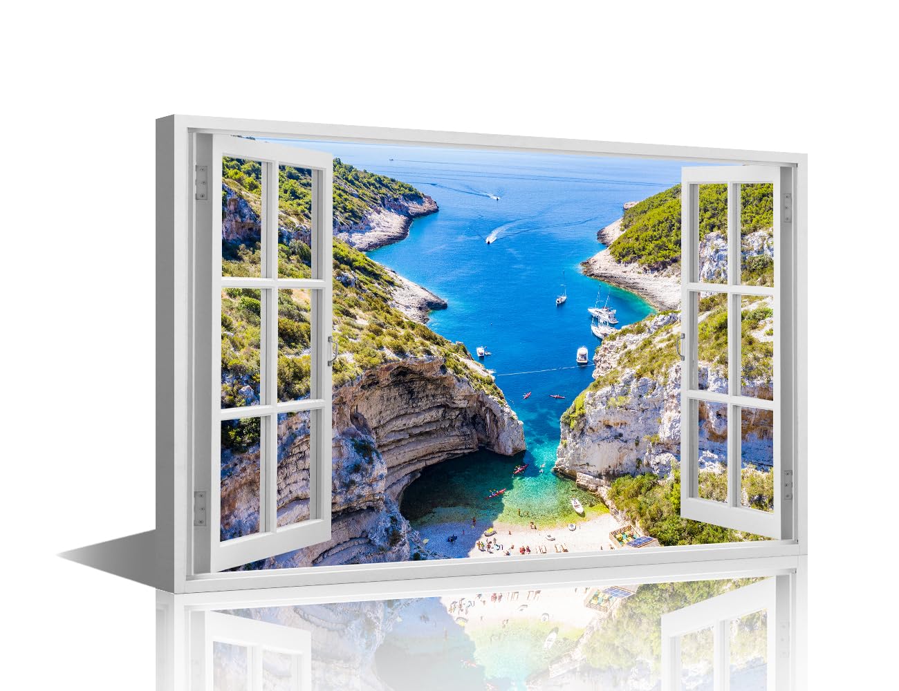 TISHIRON Canvas Wall Art for Living Room Coastline Large Wall Art 3D Window Effect Modern Artwork Seascape Contemporary Home Decor Bay Print On Canvas Ready to Hang for Bedroom 36x24in