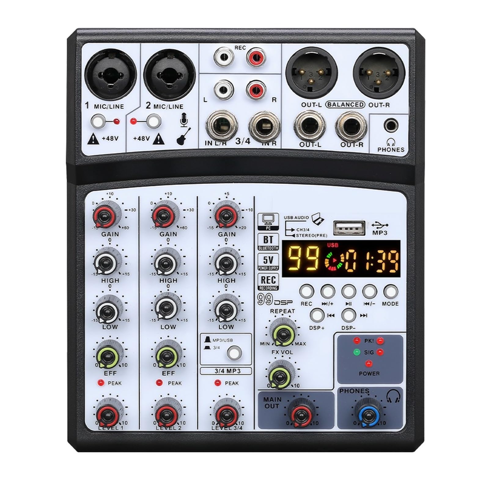 Professional 99DSP Mixer BT Recording Mixing Console with USB Interface Sound Card 48V PC MP3 DJ Recording