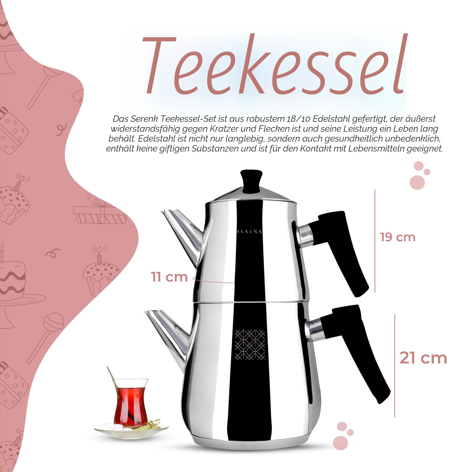 Serenk Edelstahl-Teekannen-Set, 1L & 2L, Doppelstöckig, Induktionsgeeignet, Schwarzer Griff | geeignet für alle Herdarten inkl Induktion, mit Kapselboden, Bakelitgriffen in Holzoptik polierte Oberfläche, Made in Türkiye