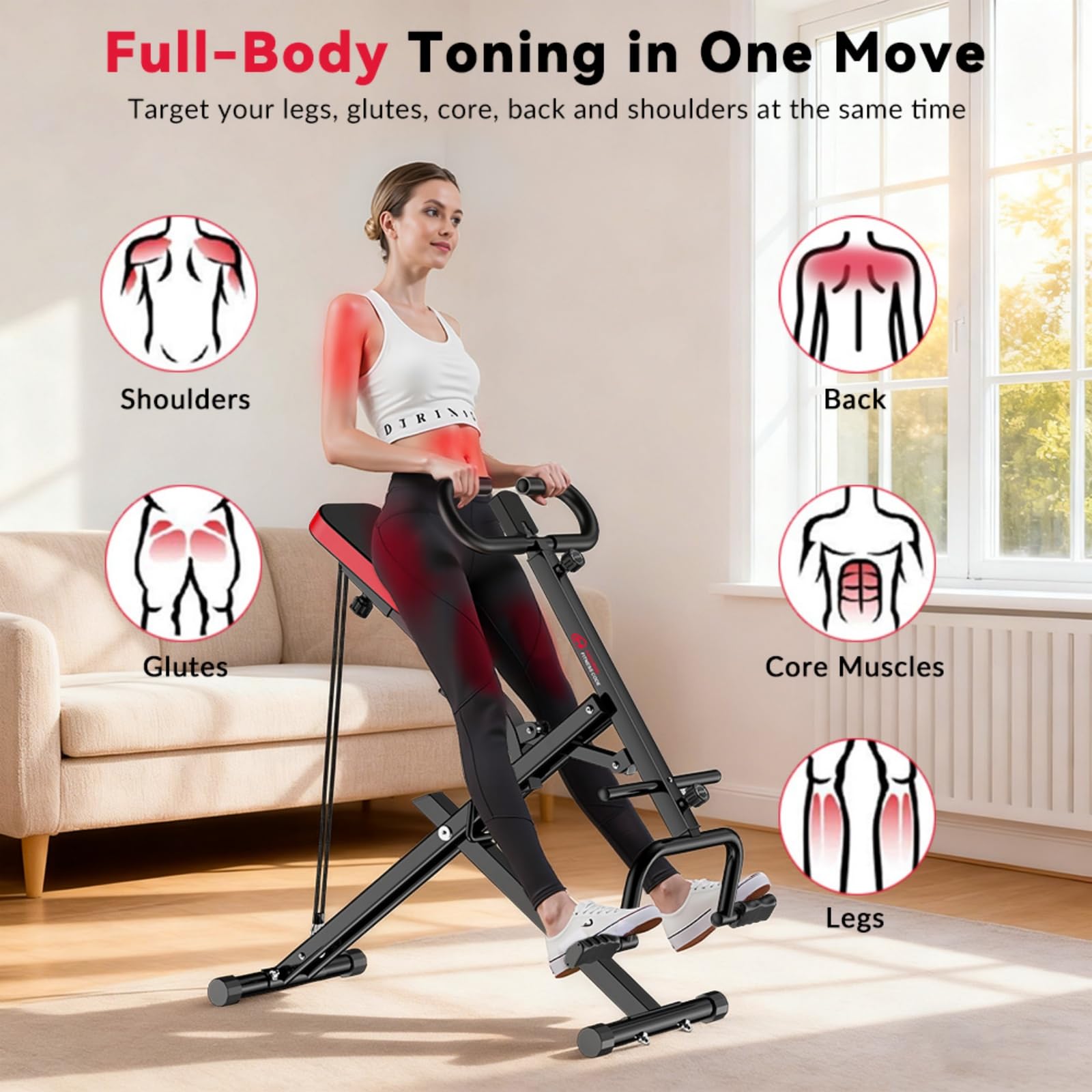 Máquina de Sentadillas Plegable para Entrenamiento en Casa, Asistente Row-N-Ride, Carga Máxima 165 kg, AB Booster para Abdomen, Aparato de Fitness Plegable, Montaje 10 Min,