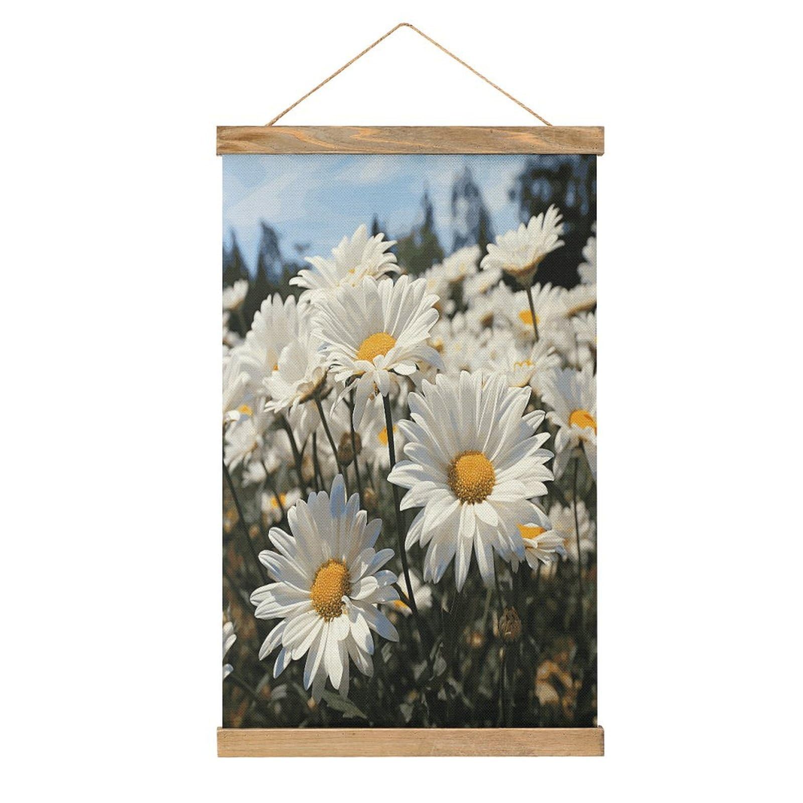 FekiLoot Wild White Daisies Linen Hanging Painting Vintage Poster Hanger Frame Wall Decor Art Painting Printed on Linen Without Fading Living Room Office Bedroom Playroom Apartment Decor