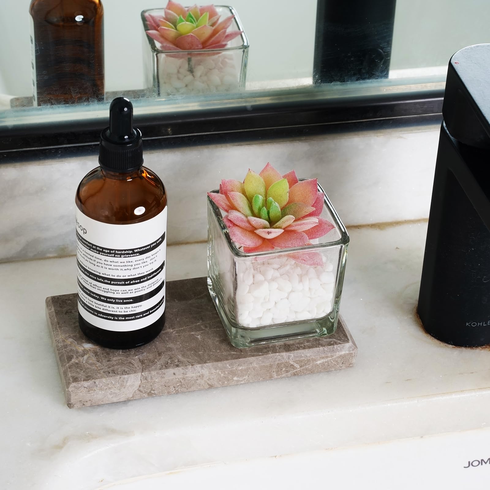 BCS Natural Marble Candle Plate, 6 x 3 Inch Candle Tray Candle Holder Stand, Decorative Small Bathroom Sink Vanity Trays Candle Dish for Coffee Table Decor Home Decor (2PCS, Victory Grey)