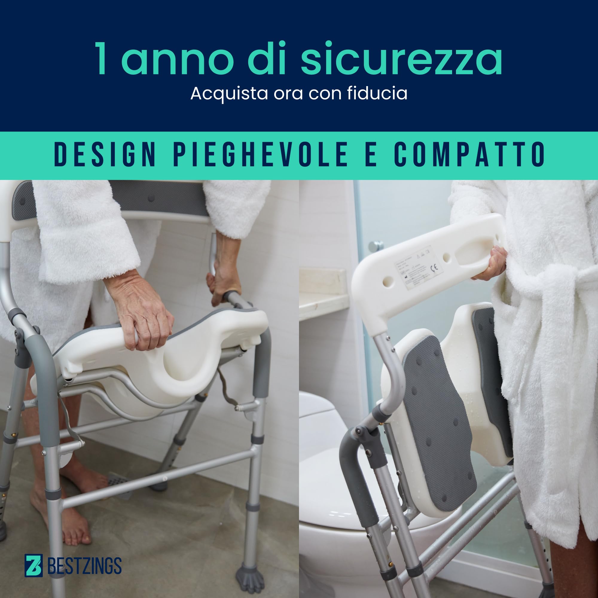 Sedia Doccia Anziani e Disabili, Sedia per Doccia e Sedia da Doccia Pieghevole, Seggiolino Doccia, Sedile per Doccia, Sgabello Doccia Regolabile con Schienale, 100 kg