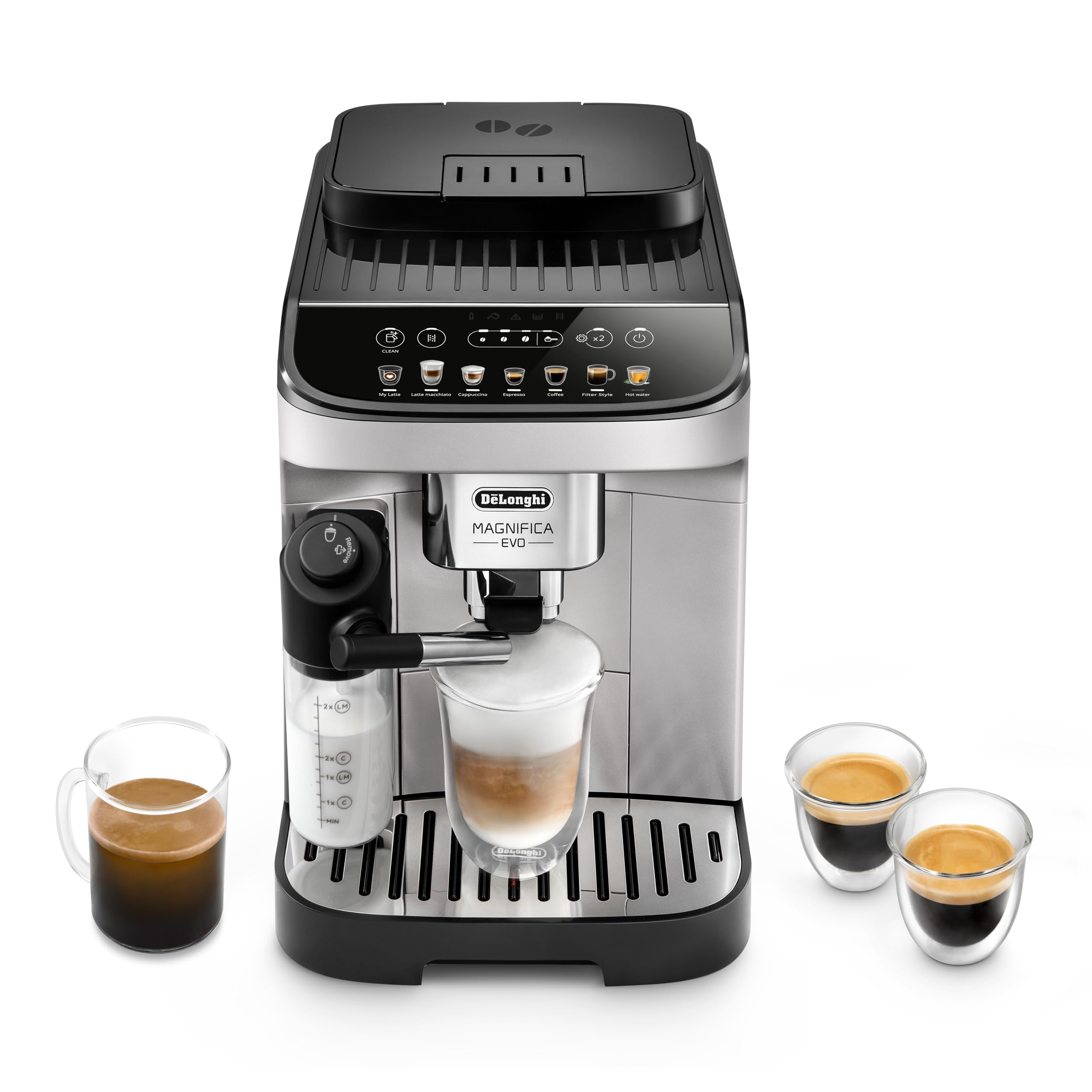 De'Longhi Magnifica Evo ECAM292.81.SB, Cafetera Automática con Sistema de Leche, 7 Botones para Cappuccino, Espresso y Otras Recetas de Café, Panel de Control, Función 2 Tazas, Plata/Negro