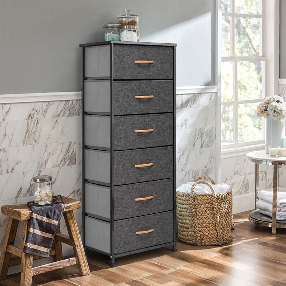 Dresser Storage - Sturdy Steel Frame, Wood Top, Easy Pull Fabric Bins, Handles - Organizer Unit for Bedroom, Hallway, Entryway, Closets - 6 Drawers (Gray)