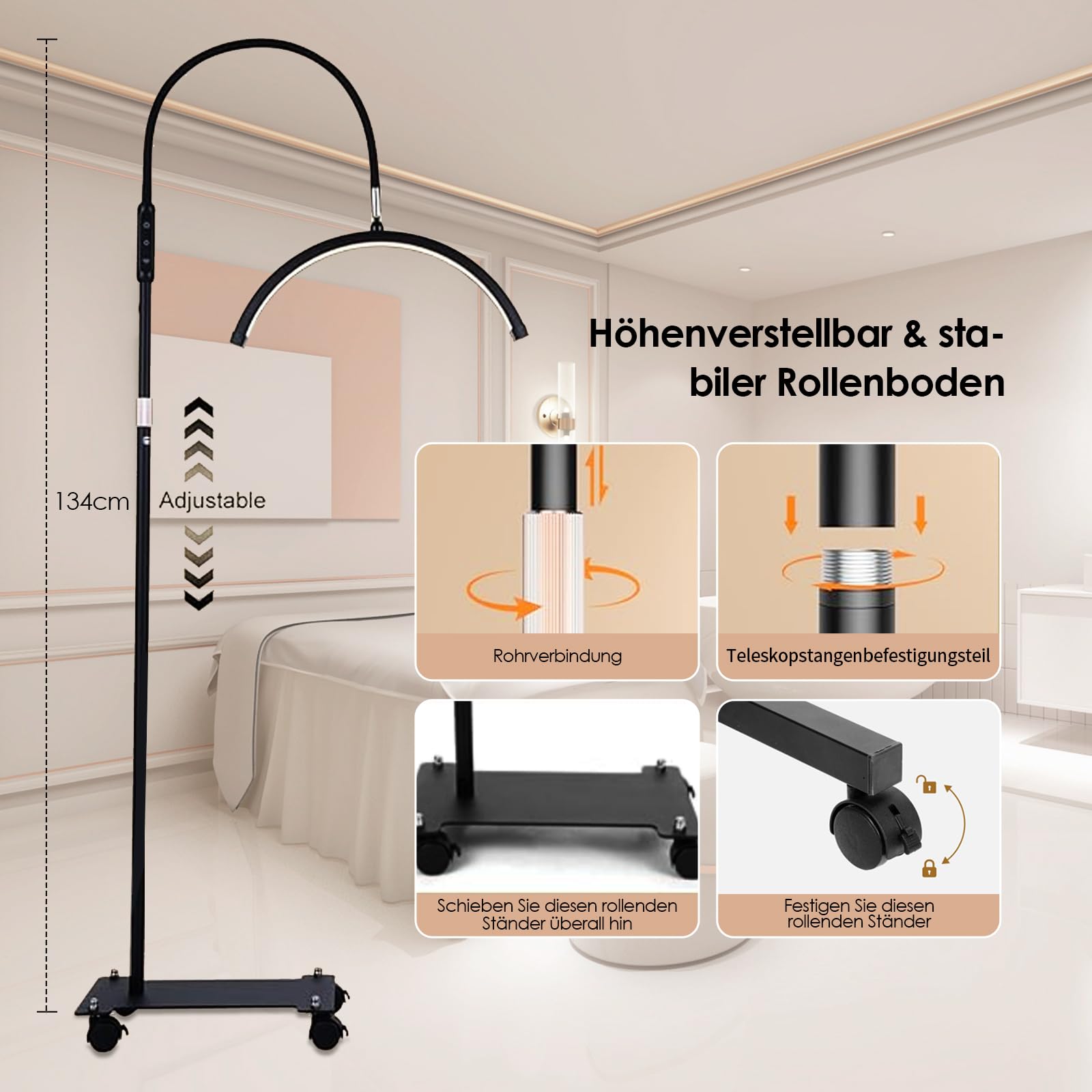 18 Zoll Halbmond Lampe Kosmetik – Mobile Stehlampe mit Rädern, 192 LEDs, 5 Farben & 5 Helligkeiten, mit Fernbedienung und Clip, für Wimpernverlängerung/Nageldesign/Tattoo
