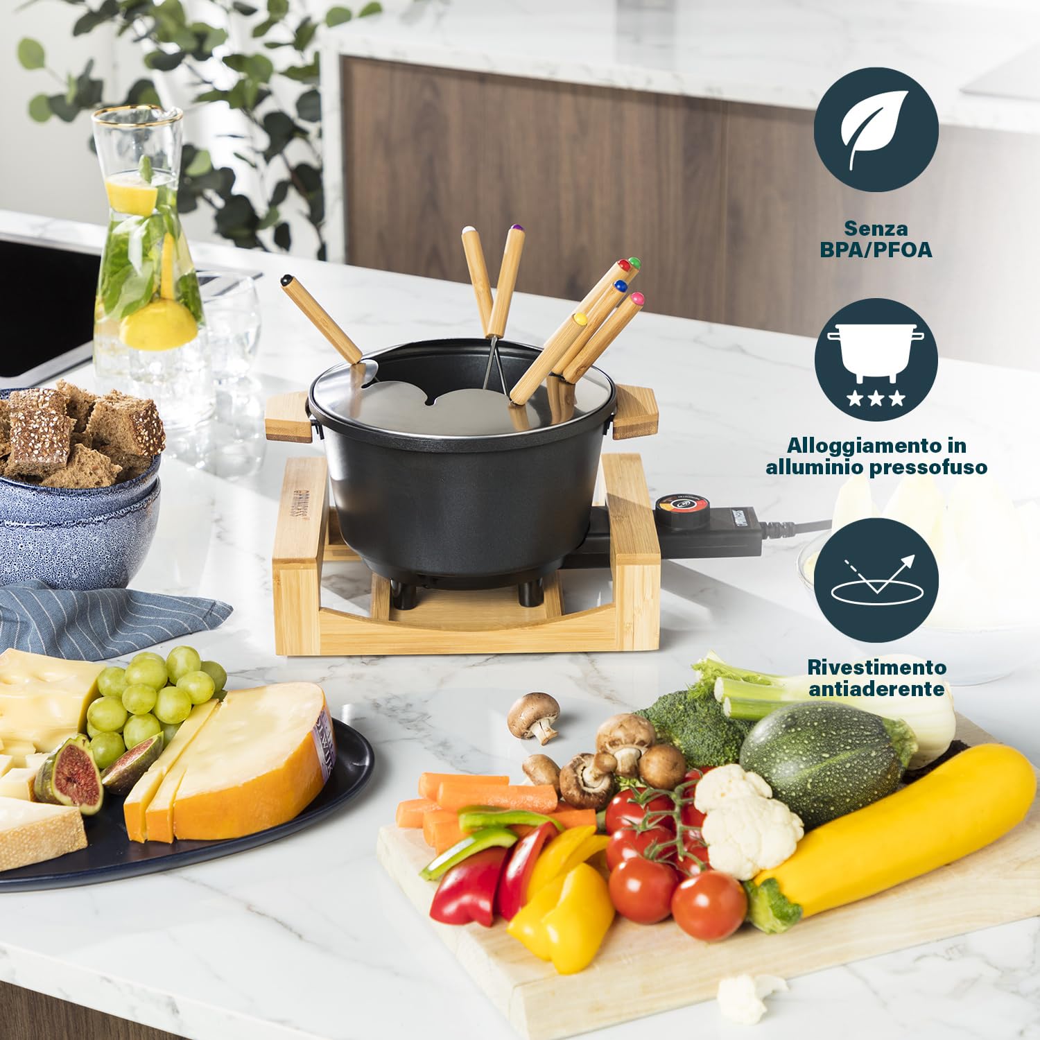 Princess Fonduta Pure Nera 1,5 L 8 forchette Supporto in bambù Rivestimento antiaderente