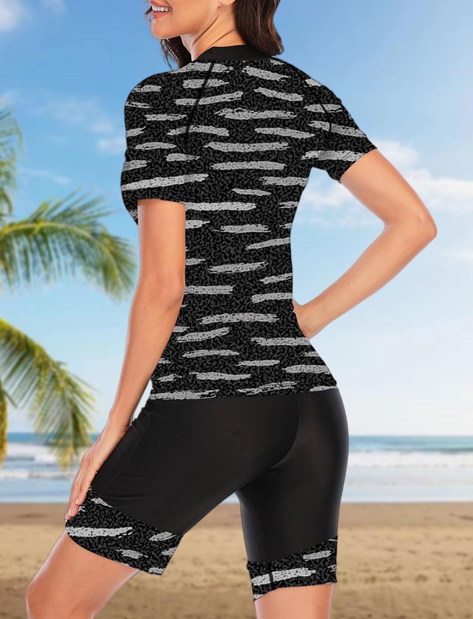 Costume da bagno da donna in due pezzi con protezione solare UPF 50+, stampa floreale, costume da bagno con pantaloncini corti