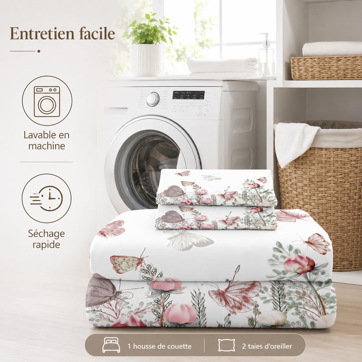 Housse de Couette 220x240 cm Blanche Fleur Parure de Lit Adulte avec Fermeture Éclair, Papillon Linge de Lit Parure Housse Couette 2 Personnes en Microfibre + 2 Taie d'oreiller 65x65 cm