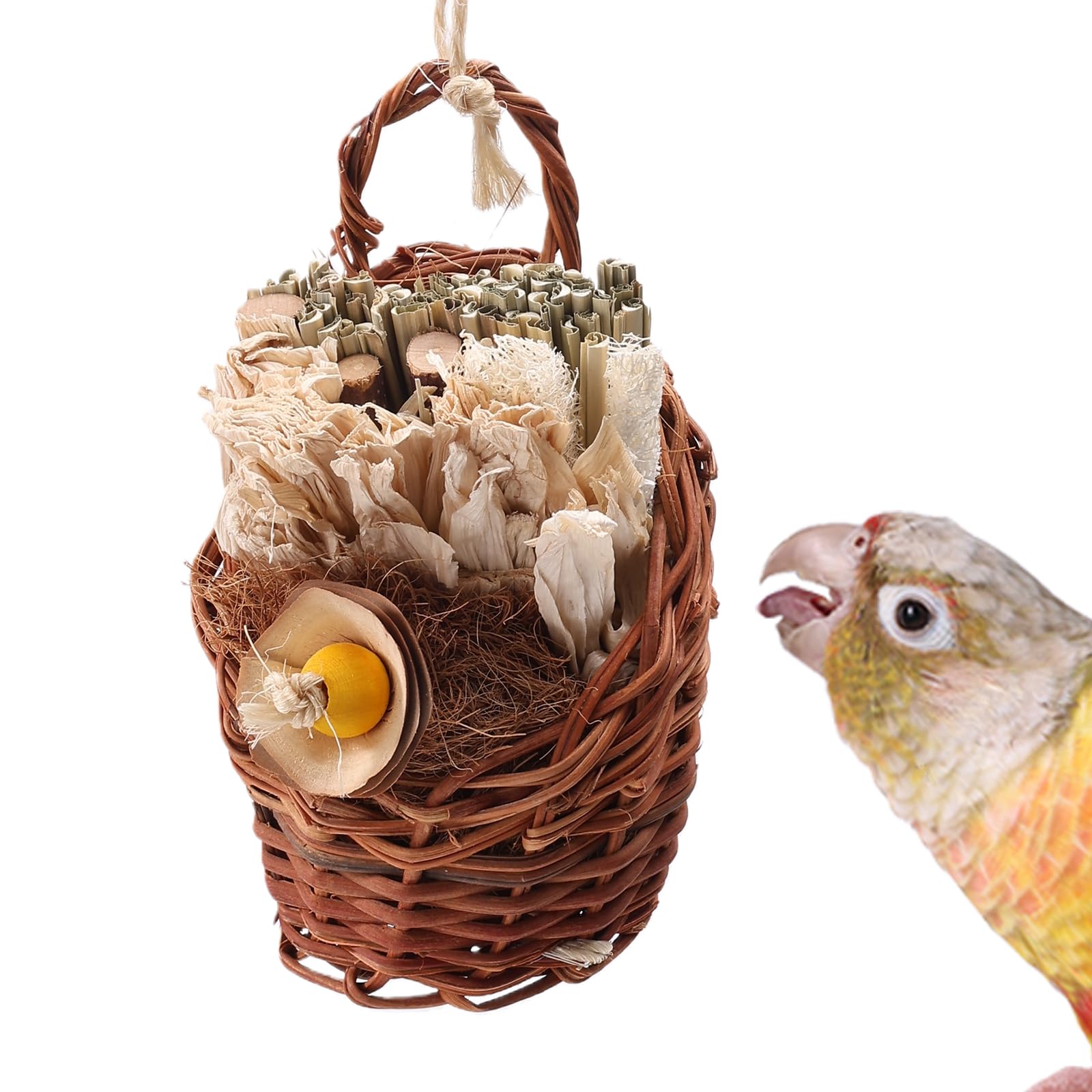 Natural Bird Chew Toys Shreddable Toys Made of Seagrass, Timothy Grass & Corn Leaves with Wood Hook for Cockatiels, Parakeets, Small Medium Birds (Vine Woven Basket)