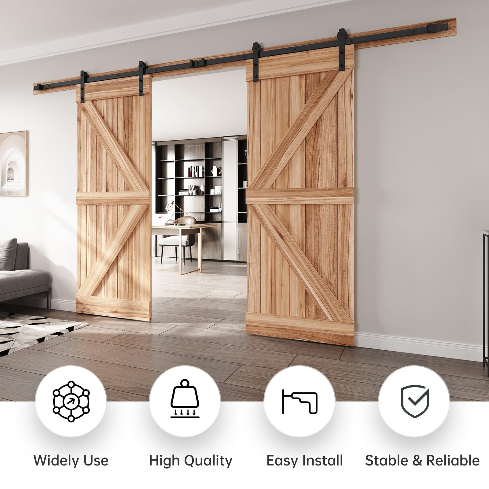 EaseLife Kit de rieles para puerta corredera de granero de doble puerta de 14 pies, polea recta, resistente, se desliza suavemente y silenciosamente, fácil de instalar (kit de riel de 14 pies para