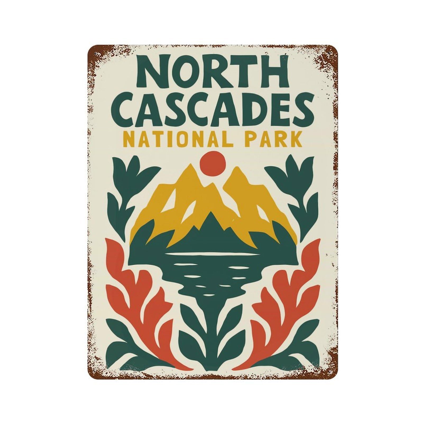 North Cascades National Park Illustration Rustic Tin Plaque 15.7"x11.8", for Pub, Kitchen And Man Cave Decor, Vintage Wall Decor