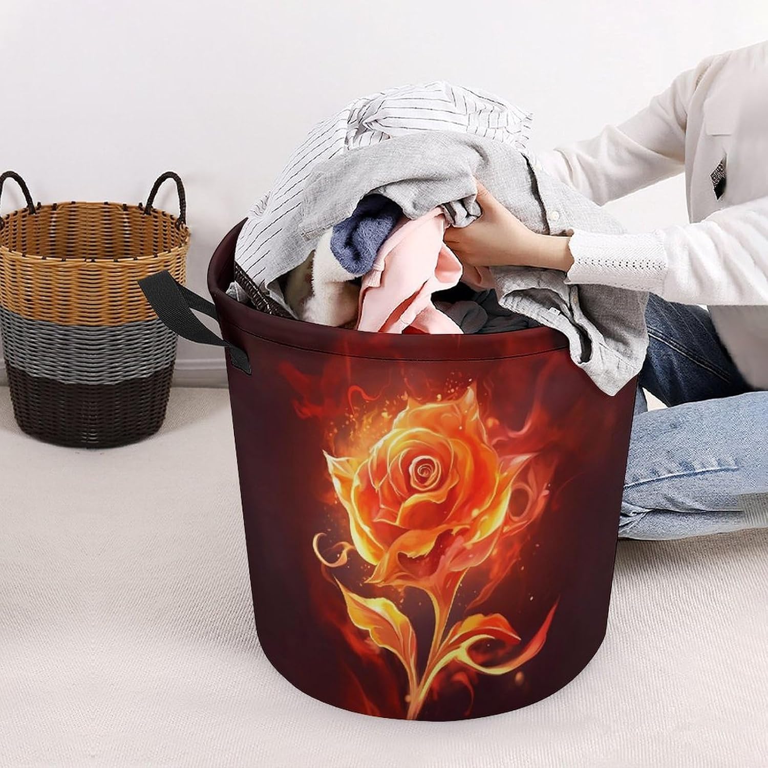 Laundry Basket Waterproof Laundry Hamper with Handles Foldable Dirty Clothes Hamper Flame Rose Freestanding Laundry Bag Organizer Tall Storage Basket for Bedroom Bathroom Decor