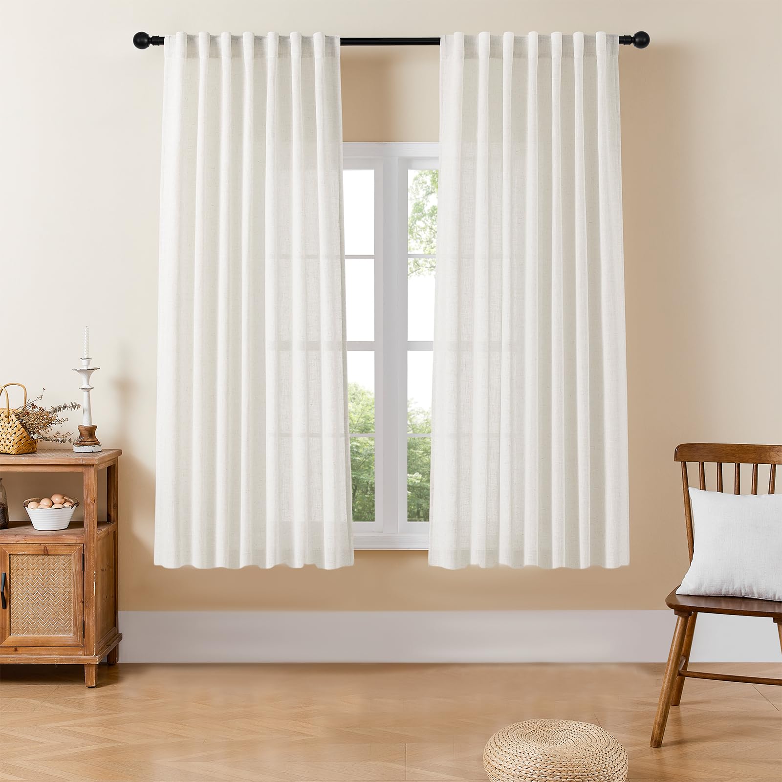 Joydeco Light Filtering Curtains 72 Inch Length for Bedroom Linen Curtains 72 Inch Length 2 Panels Set for Living Room,White Semi Sheer Curtains 72 Inches Long with Rod Pockets
