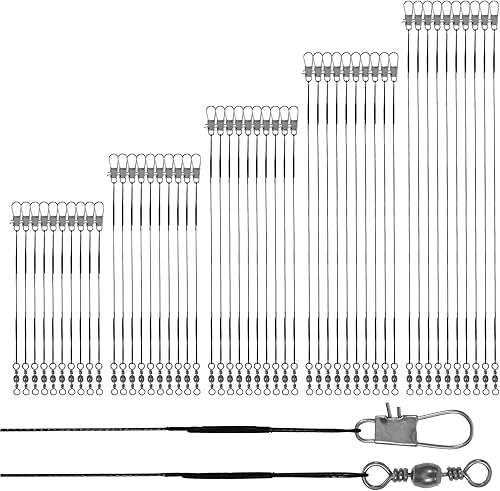 50 líderes de pesca, líderes de alambre de acero con conectores giratorios y conectores a presión, kit de línea líder de alambre antimordidas de