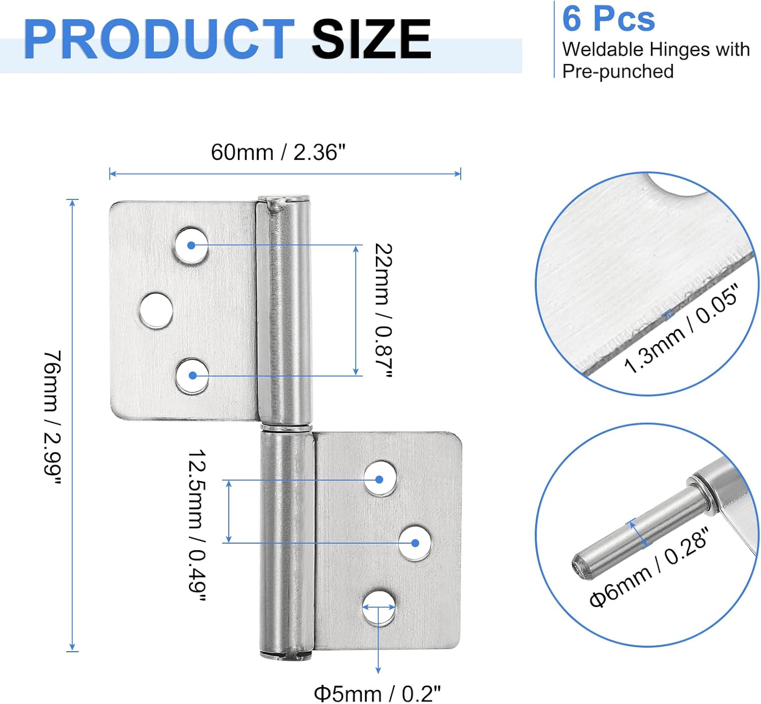 uxcell 6Pcs 3" x 2-3/8" (LxW) 304 Stainless Steel Weldable Hinges with Pre-Punched Lift Off Hinge Flag Hinges Detachable Door Hinges for Metal Gate Swing Door Trailer Ramp, Silver
