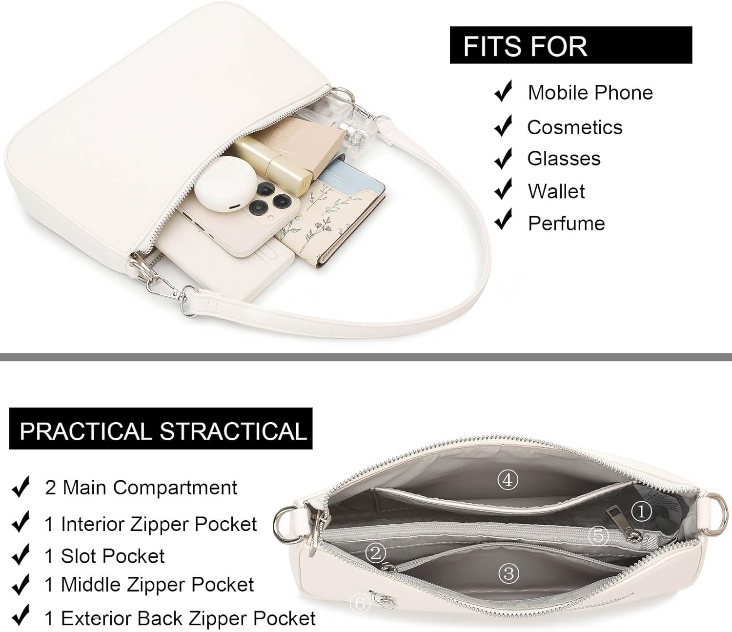 NIUEIMEE ZHOU Small Shoulder bag with 2 Removable Straps Cross Body Clutch Purse Handbag for Women - Image 5