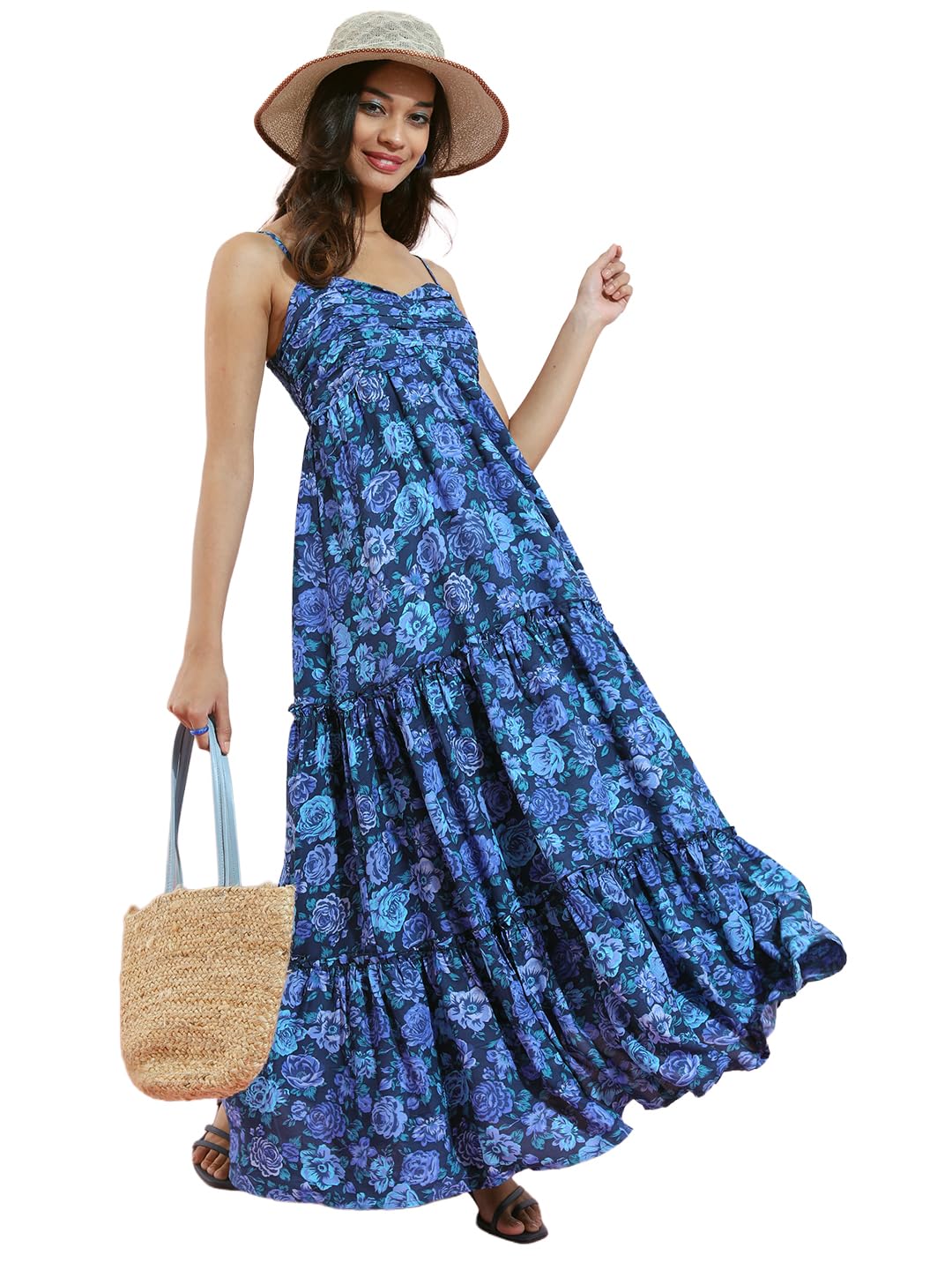 Womens Shoulder Straps Floral Printed Maxi Dress | Tiered & Ruched | Perfect for Vacations, Brunches & Summer Outings| Stylish-image-19