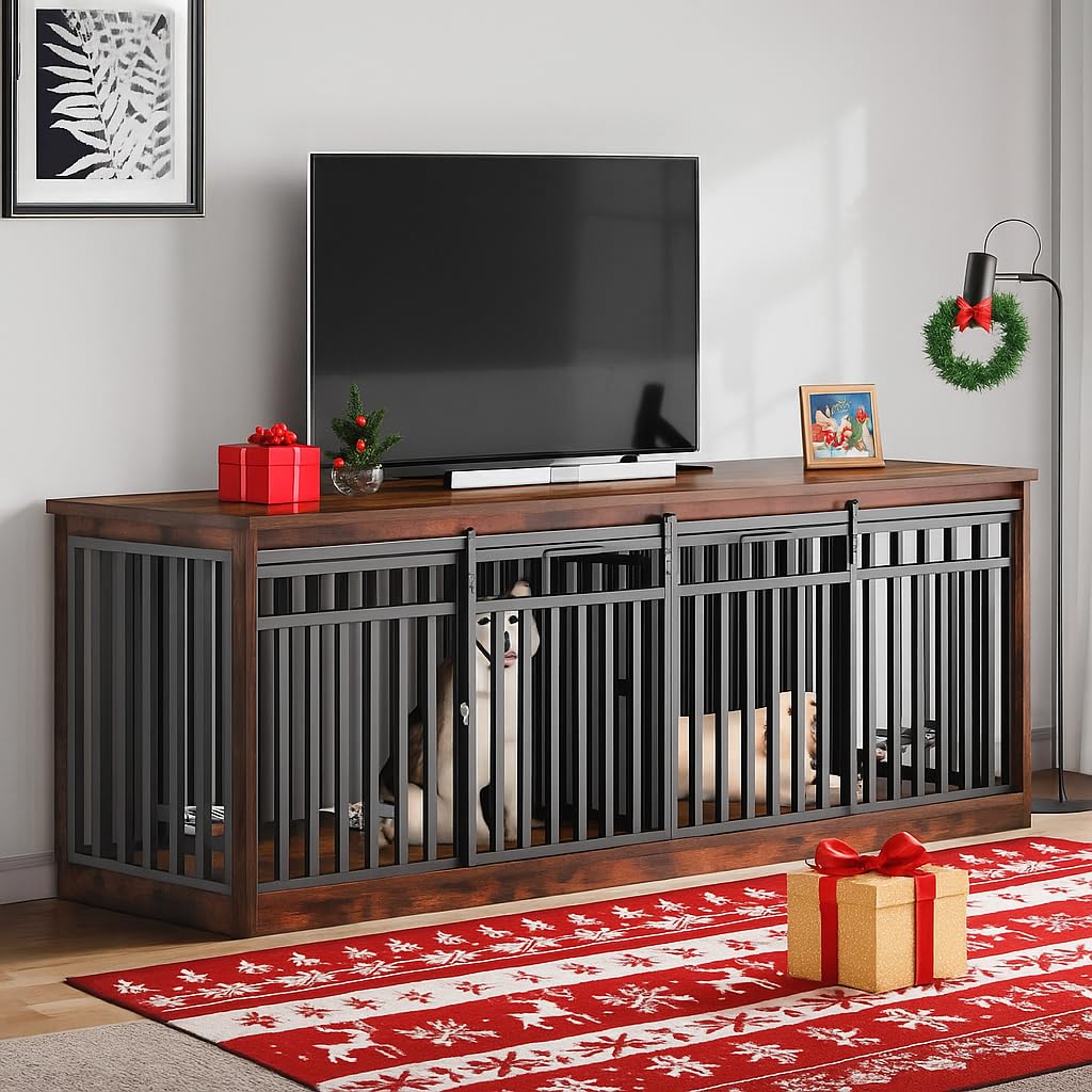 Photo 1 of ***PARTIAL SET - PRICE ADJUSTED***
DWVO 86.6" Double Dog Crate Furniture for 2 Large Dogs, Heavy Duty Metal Dual Dog Kennel TV Stand Sliding Doors, Wooden Two Dog Cage Table with Dog Bowl for Extra Large Dogs, Rustic Brown