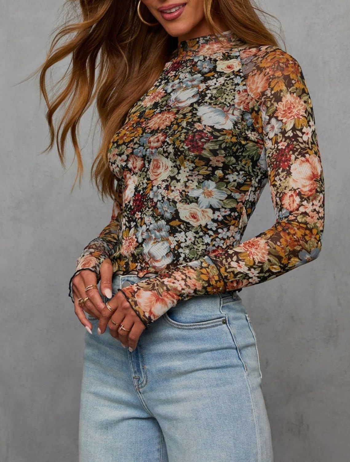 Dressmine Long Sleeve Mesh Tops for Women Mock Neck Floral Blouse Layering Sexy Fitted Going Out Top - Image 2