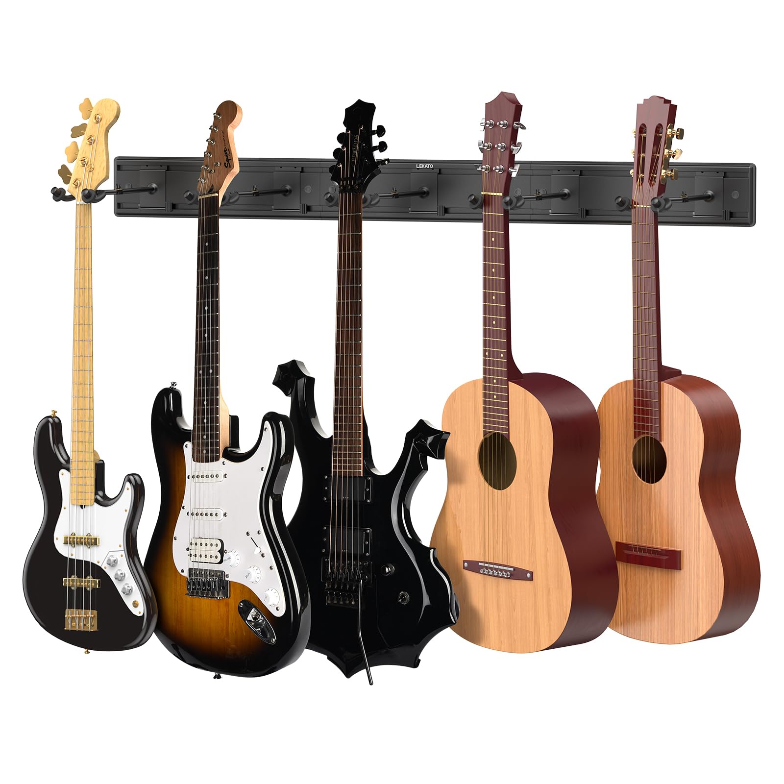 LEKATO Soporte de pared para guitarra, soporte de pared de aluminio para guitarra con 5 ganchos ajustables para guitarra, soporte múltiple para guitarra eléctrica acústica, bajo, banjo, mandolina