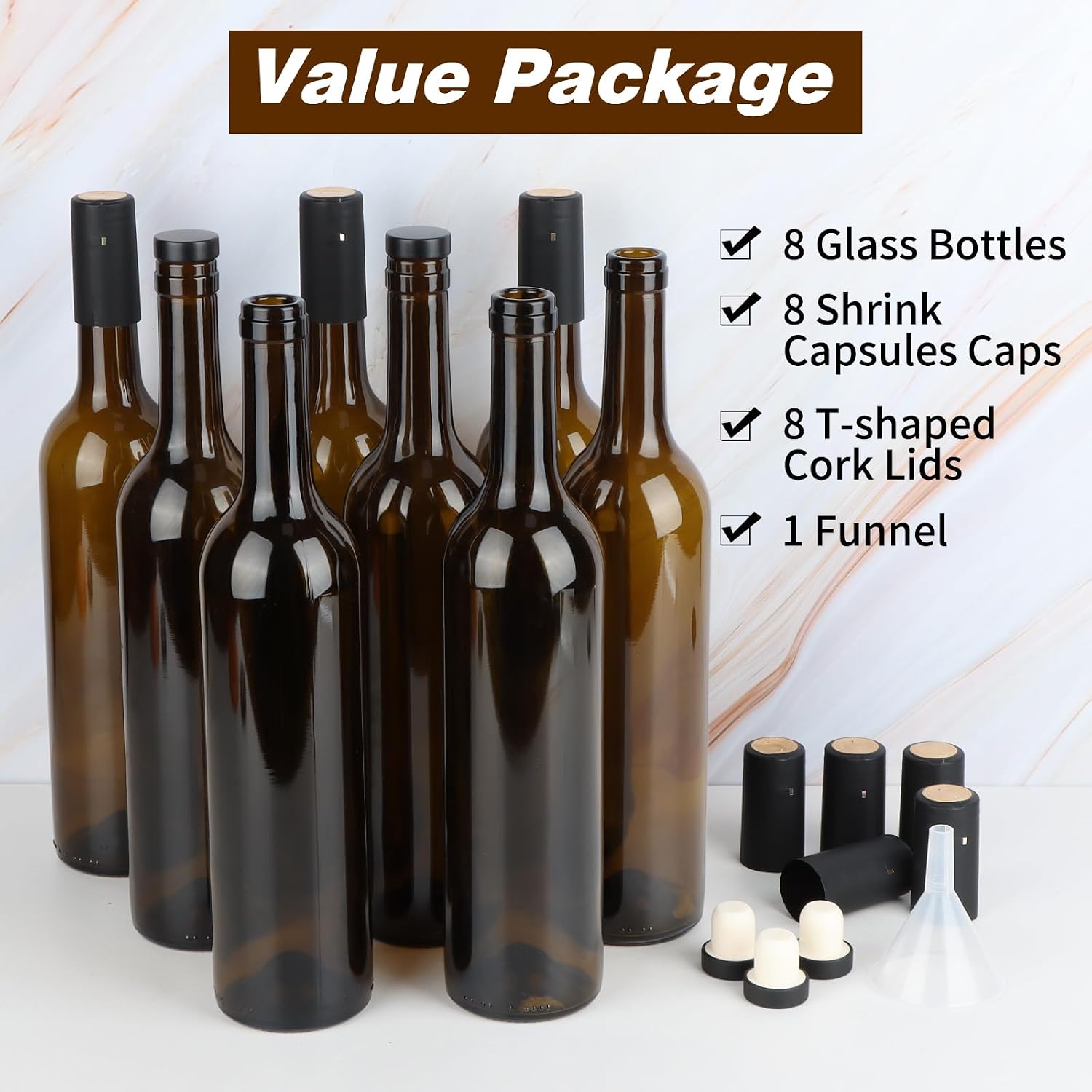GUANENA 8 Pack 750ml Dark Amber Glass Bottles with Cork Lids and PVC Shrink Capsules, Empty Home Brewing Wine Bottles with Funnel for Sparkling Wine, Juice, Kombucha, Beverages