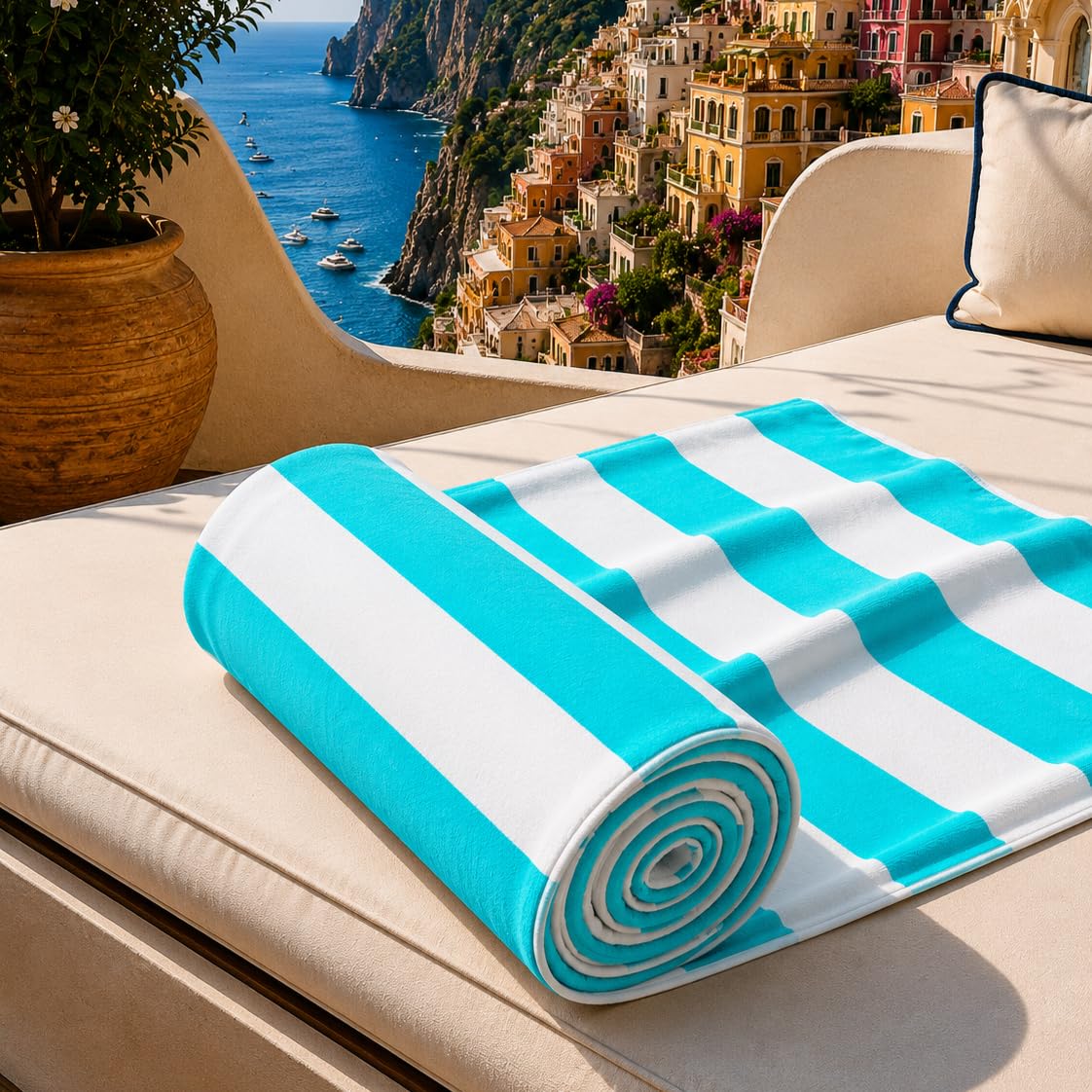PETTI Artigiani Italiani - Microfibre Beach Towel, Beach or Pool Towel, Beach Towel, Large 90 x 180 cm, White Tiffany Stripes