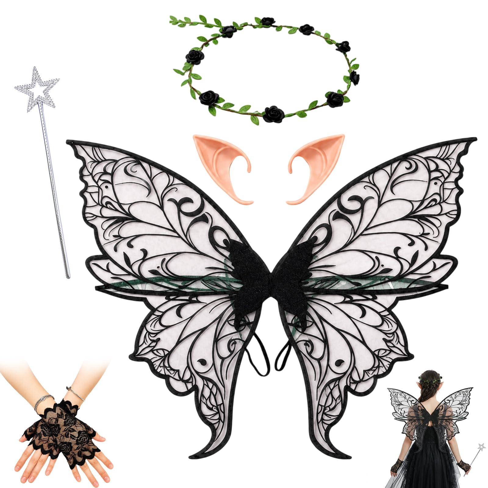 Wtoawgt Fairy Wings for Adult, Butterfly Wings with Wreath, Elf Ears, Fairy Wand, Gloves, Angel Princess Fairy Costume for Halloween Party Cosplay (Black)