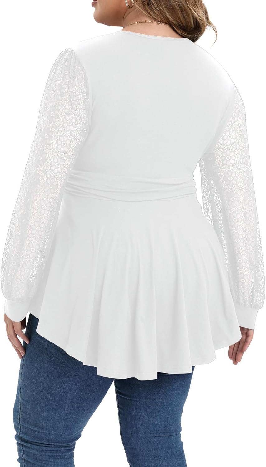 Plus Size Tops for Women Lace Long Sleeve Fall Shirts Casual Dressy Wrap V Neck Pleated Tunic Top - Image 3